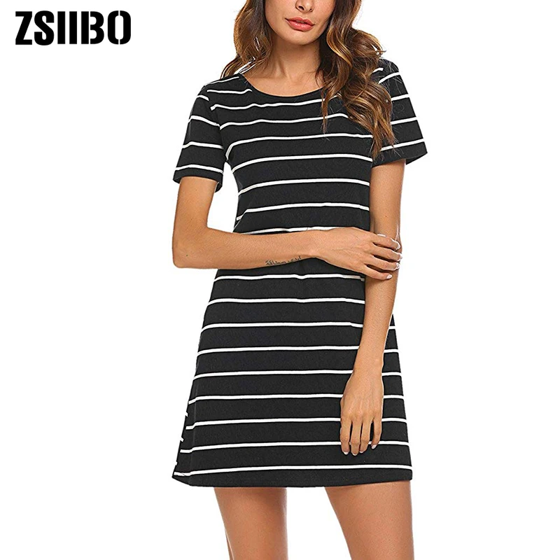ZSIIBO модное женское летнее платье размера плюс, мини свободное платье, повседневное Полосатое платье с перекрещивающимися крест-накрест, короткий рукав, футболка, мини-платье