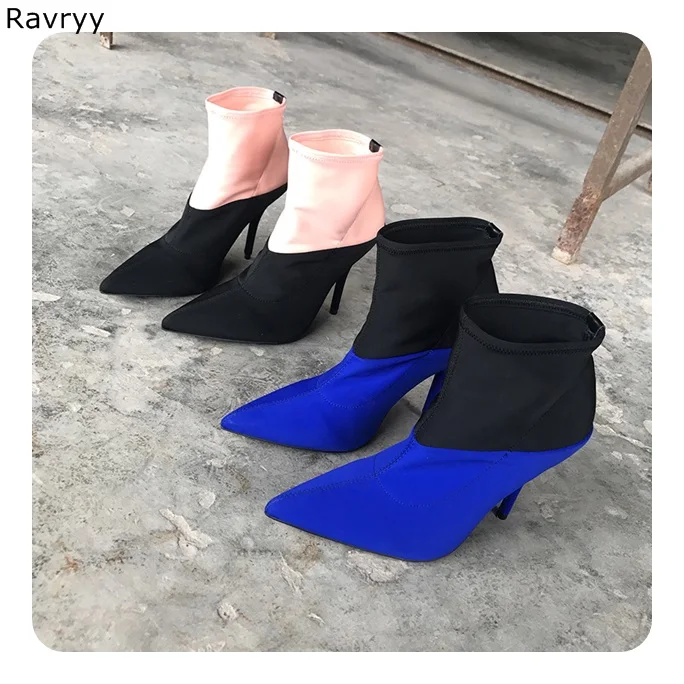 

Elastic Woman Ankle Booties black blue mixed color patch work female Short Boot pointed toe thin heel Fashion Autumn Outfit