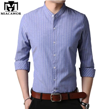 

MIACAWOR 2019 New Fashion Striped Men Shirt Spring Long Sleeve Casual Shirt Stand Collar Business Shirts Camisa Masculina C423