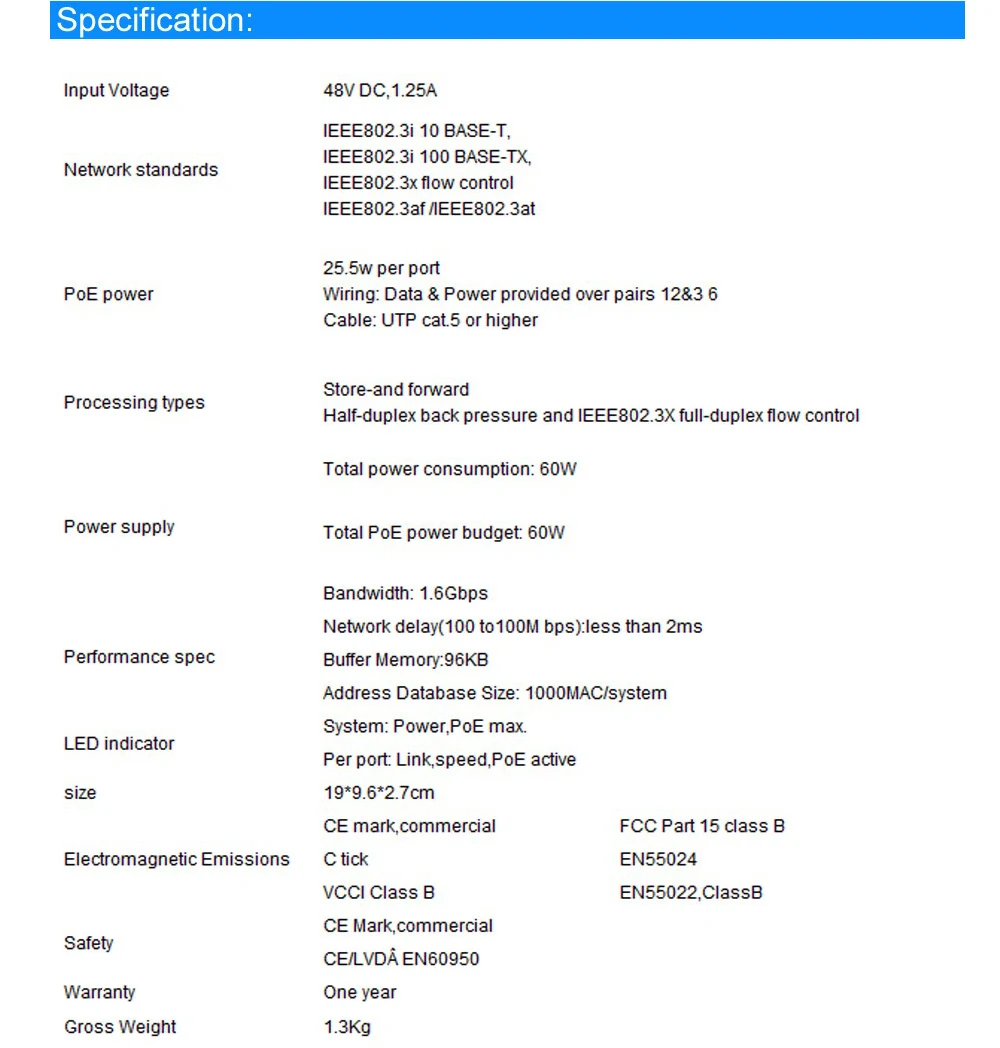 8 портов POE коммутатор с 8 POE портами, IEEE802.3af/at 10/100M 9 портов