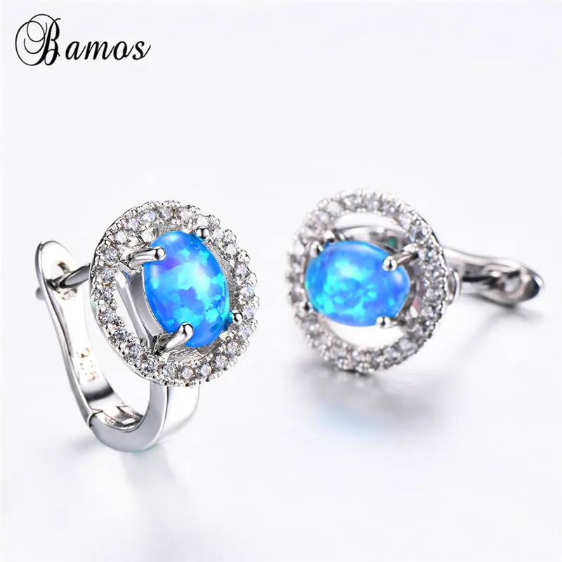 

Bamos Female Blue Fire Opal Stud Earring Simple Round Earrings For Women 925 Sterling Sliver Filled Wedding Jewelry Best Gifts