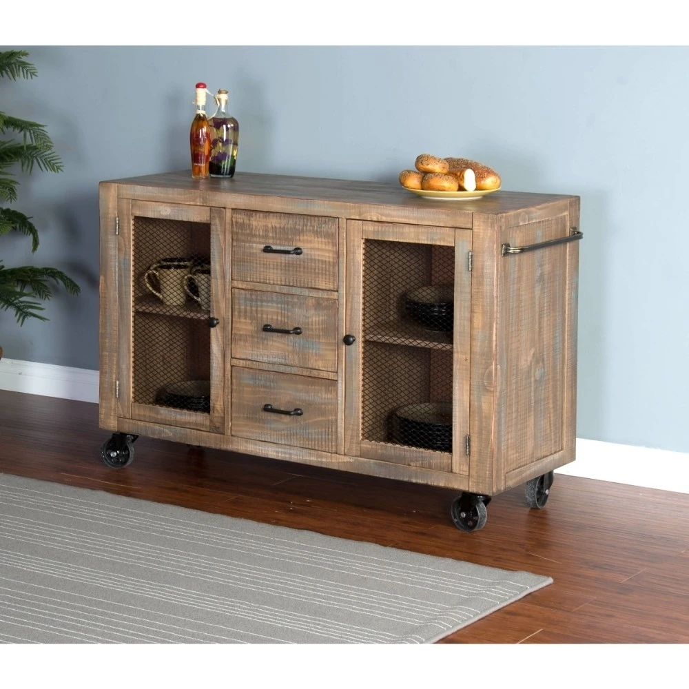 Modern Pine Rolling Server With Casters, Brown