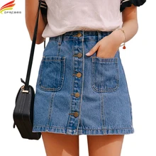 Falda de mezclilla de cintura alta A-line Mini faldas de las mujeres 2019 novedad de verano llegadas un solo botón bolsillos azul Jean Estilo Falda Saia Jeans