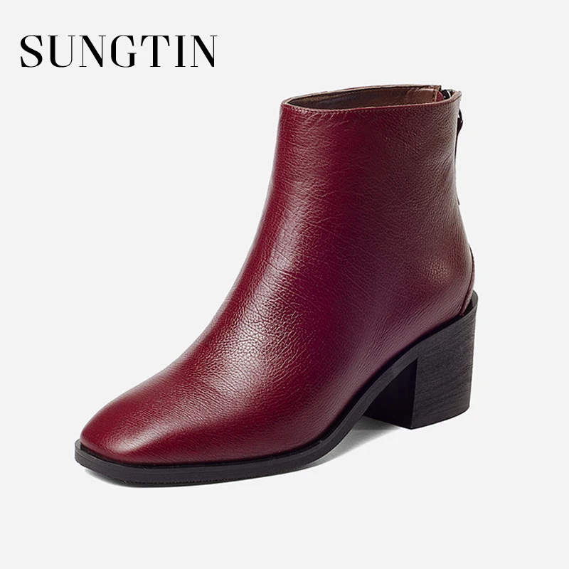 

Sungtin Spring Autumn New Women Ankle Boots High Quality Genuine Cow Leather Thick Heels Short Boots Ladies Black Casual Booties