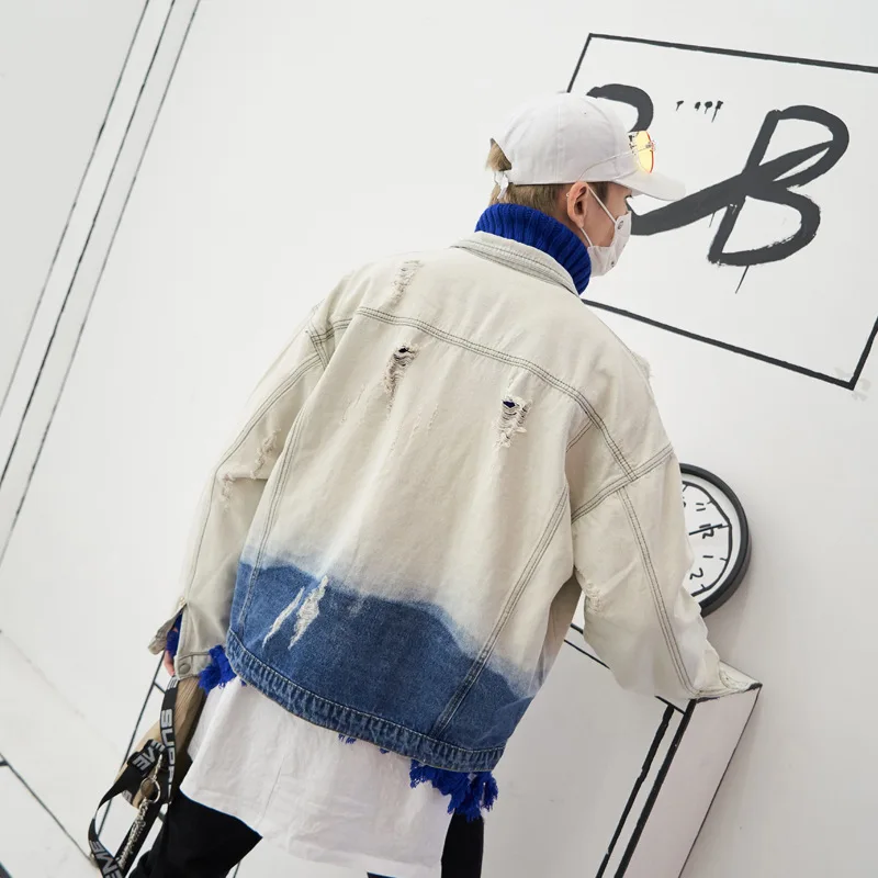 Washed Gradient Color Denim Jacket Man Ripped Frayed Hip Hop Clothing Streetwear Jacket High Street Swag Jeans Men Jackets Washed Gradient Color Denim Jacket Man Ripped Frayed Hip Hop Clothing Streetwear Jacket High Street Swag Jeans Men Jackets