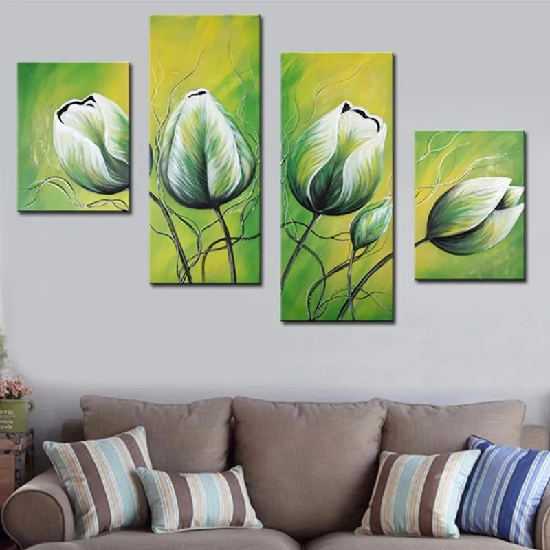 

Handmade Green Floral Paintings on Canvas Handpainted Abstract Tulip Flower Oil Painting 4 Piece Pictures Home Decor Wall Art