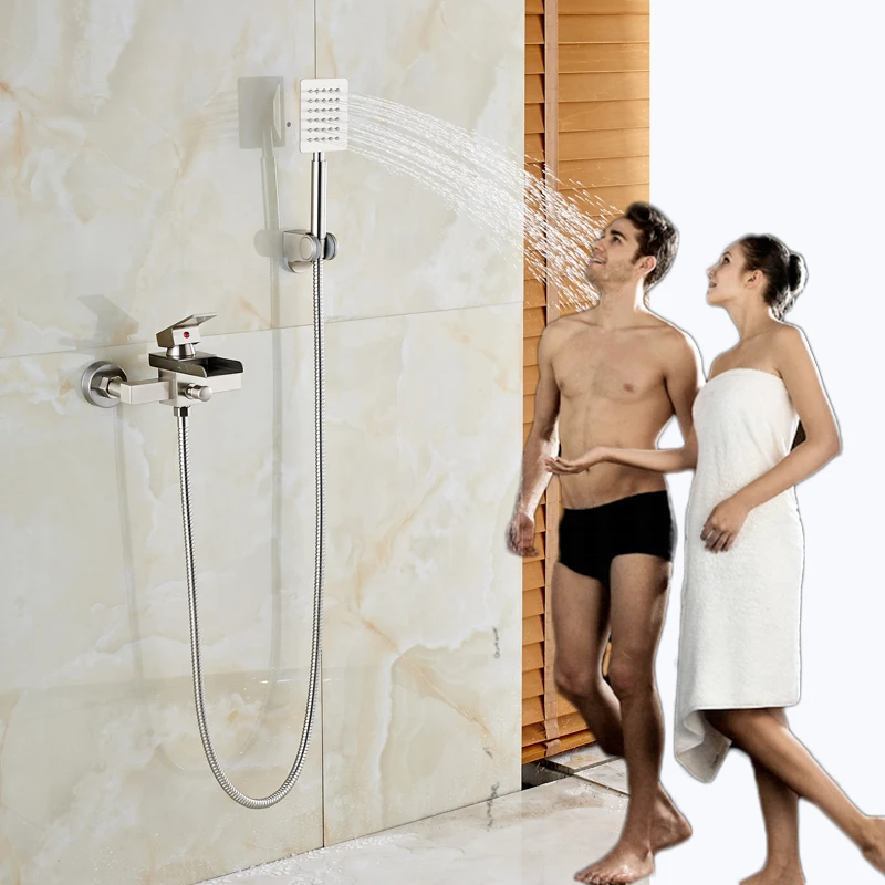 Nickel Brushed Bathroom Tub Shower Faucet Waterfall Tub Spout + Handheld Shower Head Bathtub Mixer Taps