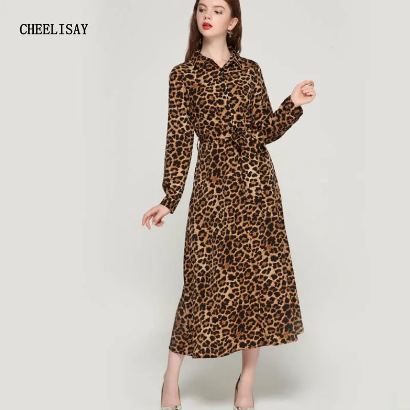 

2019 women leopard print mid-Calf dress long sleeve retro ladies casual dresses vestidos With sashes