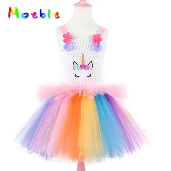 

Rainbow pink Flower Unicorn tutu dresses girl kids Birthday party dresses Christmas halloween Carnival Party Dress girls