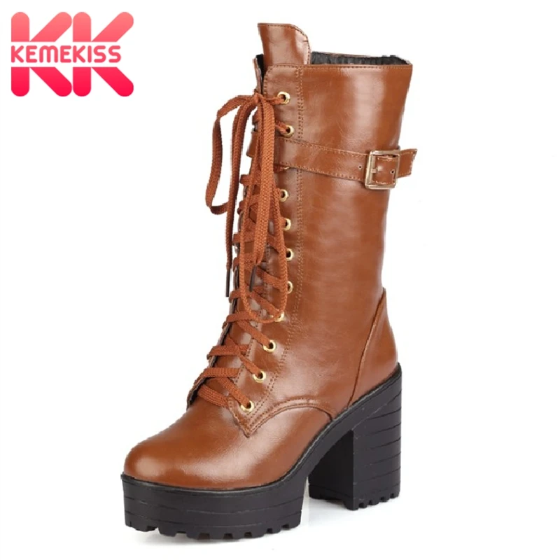 

KemeKiss Sexy Women High Heel Boots Lace Up Warm Fur Shoes Women Platform Mid Calf Boots Punk Motorcycle Shoes Size 33-43