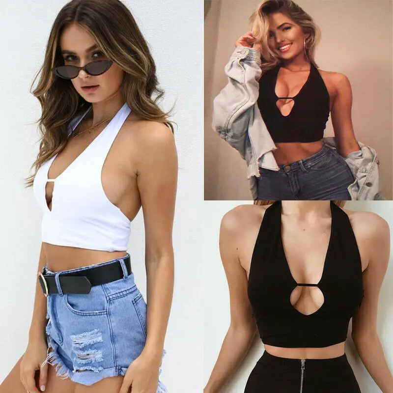

Sexy Women Halter Front Hole Basic Solid Sleeveless Backless Vest Tank Crop Top
