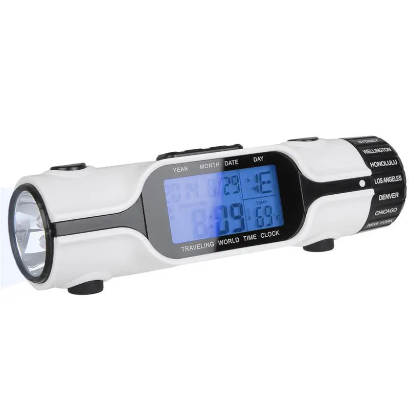 

World Time Travel Alarm Clock Digital LCD Backlit Screen LED Torch Flashlight