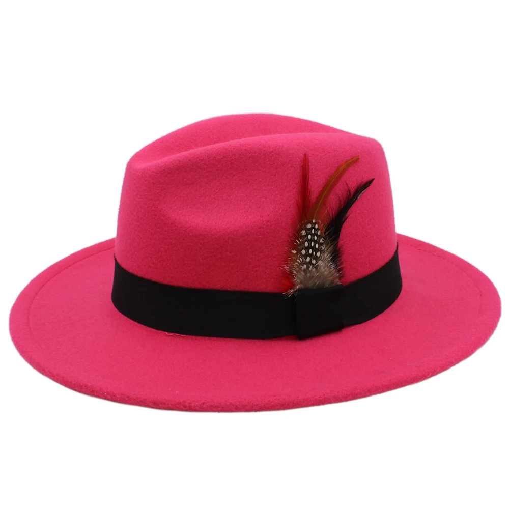 Детская шляпа в стиле ретро из чистой шерсти Fedora Derby, Трилби, черная лента, перья фазана, лента, котелок, гангстер, Кепка(54 см, регулируемый канат - Цвет: Rose