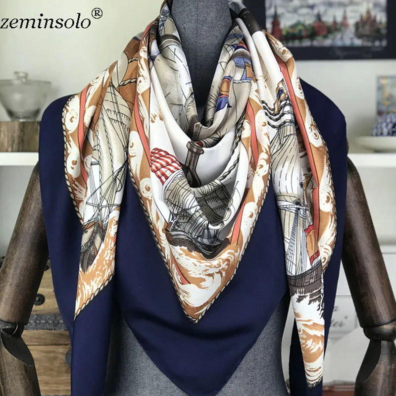 Шелковый шарф женские квадратные шарфы обертывания шейный платок женский Шелковый платок хиджаб бандана леди Bufandas шали 130*130 см - Цвет: Темно-синий