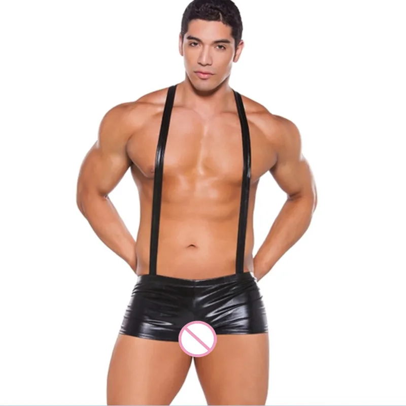 

M-XXL Newest Men Sexy Boxer Shorts Suspender Style Panties Faux Leather Low Waist Briefs Male Attractive Lingerie