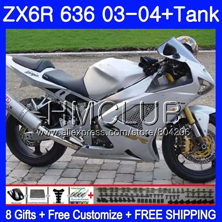 Майка для KAWASAKI NINJA ZX600 ZX636 ZX-6R 03 04 ZX-636 18TK образования легкой пены. 3 Глянцевые Серебряные ZX 636 6 R 600CC ZX6R 03 04 ZX 6R 2003 2004 Обтекатель