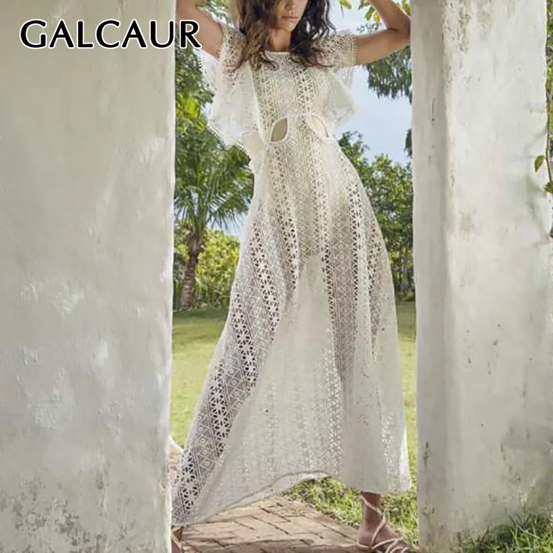 

GALCAUR Elegant Hollow Out Dress For Women O Neck Sleeveless High Waist Perspective Slim Dresses Female Fashion 2019 Summer