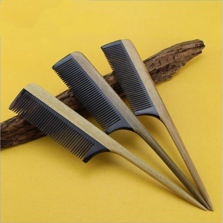 

2019 New Hairbrush Natural Handmade Nagao Ox Horn Green Sandalwood Boutique Comb Hairdressing Professional Health Care Wooden