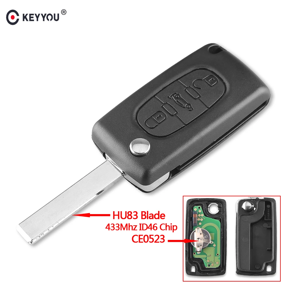 

KEYYOU Car Remote Key 3 Buttons Fit for Peugeot 407 308 307 208 207 Partner Smart Keyless Entry Key ID46 Chip CE0523 HU83 Blade