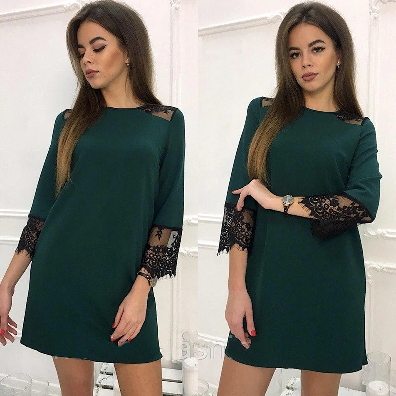 2018-Sexy-Women-Lace-splice-Straight-dress-Vestidos-Autumn-and-spring-Lace-3-4-sleeve-Casual (3)