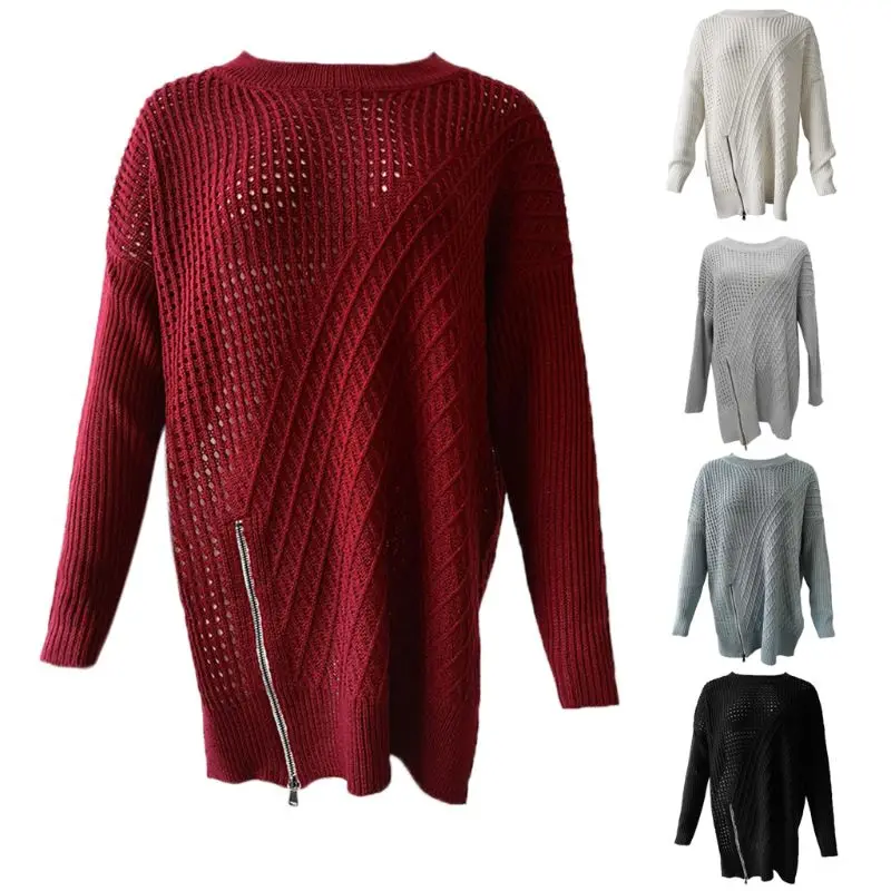 Women Off Shoulder Batwing Zipper Sweaters Oversized Pullover Loose Knit Jumper Winter Warm Swearer