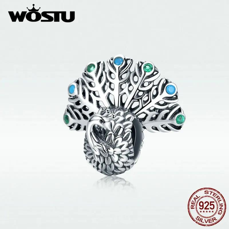 

WOSTU Hot Fashion Peacock Beads 100% 925 Sterling Silve Zircon Charm Fit Original Bracelet Pendant DIY Jewelry Making DXC1260