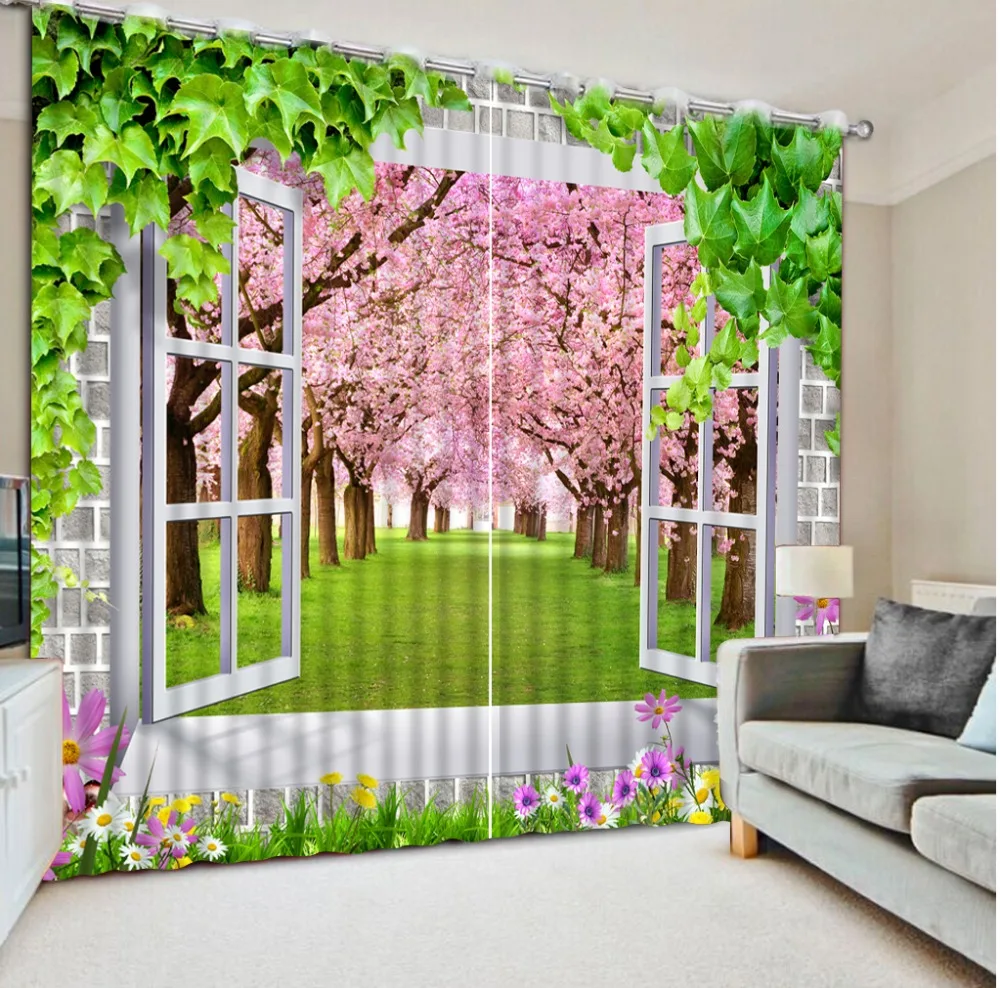3D Curtain Home Bedroom Decoration Flowers, Window, Cherry Blossom