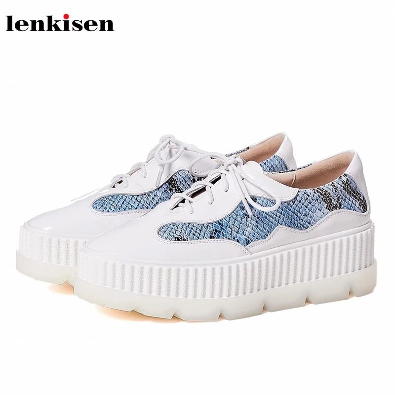 

Lenkisen genuine leather round toe high bottom flat platform concise snake mixed colors british lace up vulcanized shoes L93