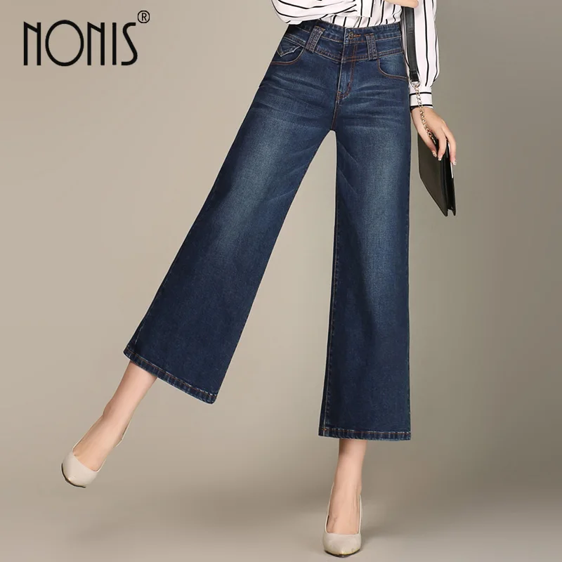 Nonis размера плюс 26-33 женские джинсы высокого качества с широкими штанинами женские модные большие прямые джинсовые брюки - Цвет: Deep Blue
