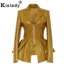 Осень зима Женская куртка из искусственной кожи желтая зеленая черная длинная кожаная куртка приталенная Готическая байкерская куртка верхняя одежда