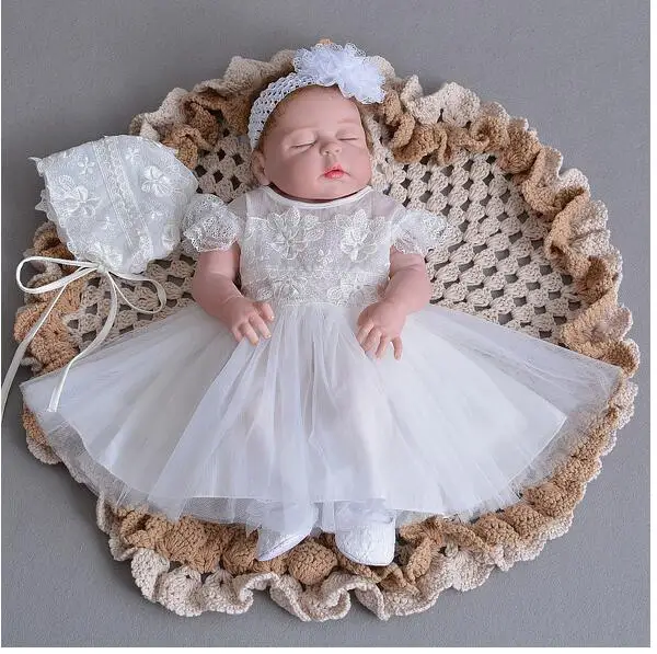 

Baby Girl's Pageant Suits 2017 Summer Flower Christening Dress+Lace Headband+Hat Infant 3PCS Sets Kids Birthday Formal Outfits