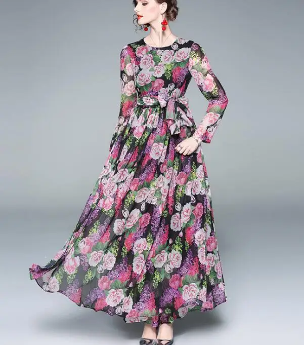 

High Quality Fashion Hot Sale 2019 Spring New Arrival Round Collar Long Sleeve Flower Printed Woman Long Chiffon Dress