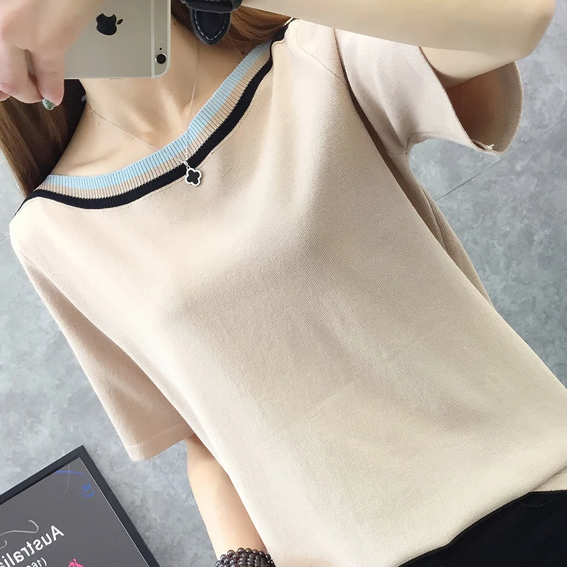 

New 2019 short-sleeved loose pullovers slash neck ice silk knitted women casual Korean tops T-shirt Sweater women G619