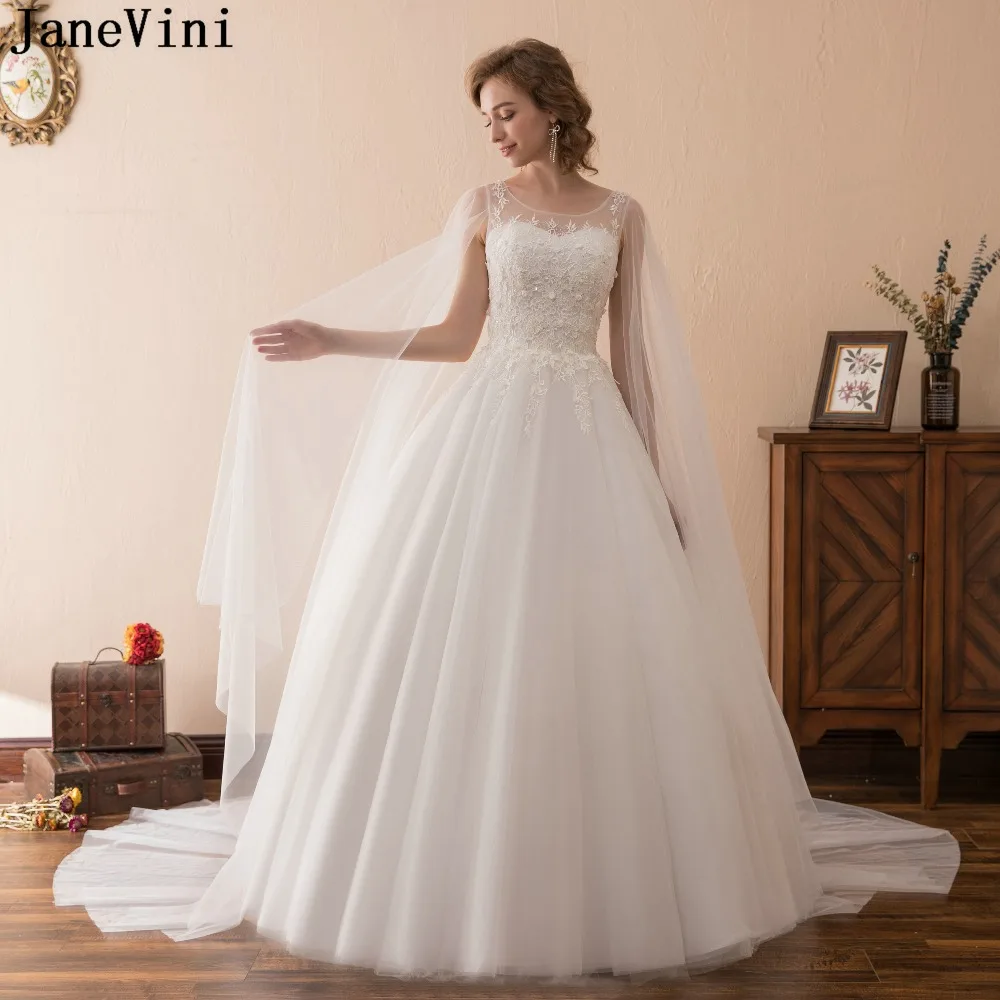 Janevini Romantic Arabic White Long Wedding Dresses Scoop Neck