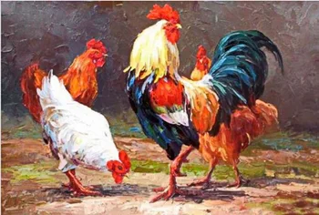 

Modern handmade painting one cock and three hens on oil canvas for home decor and wallpaper, gallery
