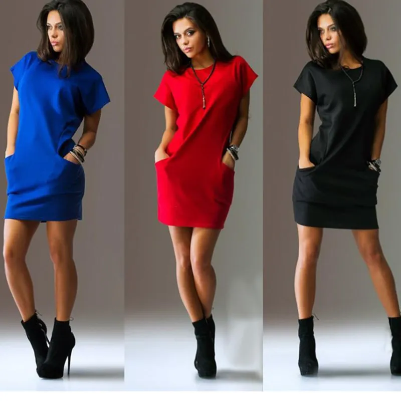 

Summer T Shirt Dress Sexy Solid Short Sleeve O Neck Casual Women's Bodycon Mini Dresses Pocket Slim 2019 Fashion Red Blue Dress