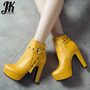 

JK High Heels Ankle Boots Wome Platform Boot Ladies Fashion Party Round Toe Shoes Female Pu Shoes 2019 Winter Plus Size 34-50