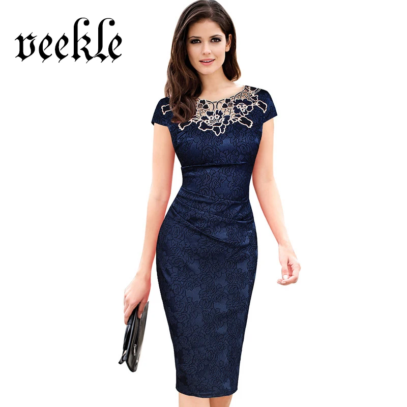 VEEKLE Vintage Women Summer Bodycon Crochet Embroidery Lace