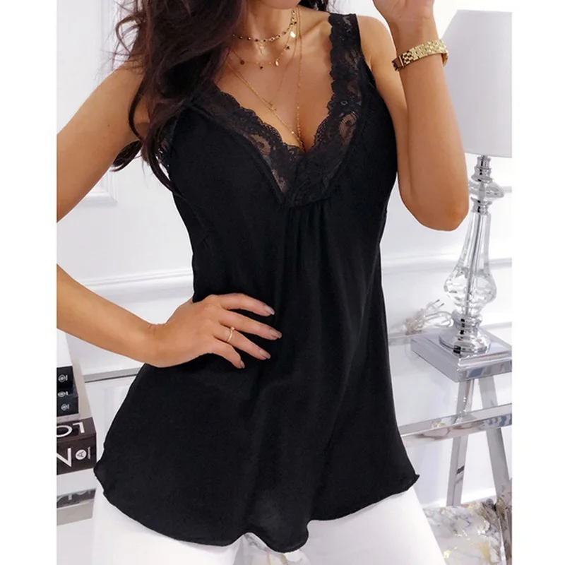 

Women Lace Chiffon V-neck Tank Tops Plain Sleeveless Patchwork White Womens Tanks Top 2019 Summer Plus Size 5XL Clothes Female