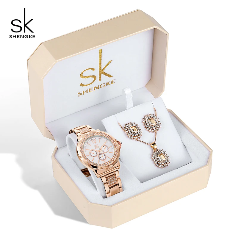 Shengke, роскошные женские часы, набор,, новая мода, нержавеющая сталь, часы для девушек, розовое золото, серьги, ожерелье, набор, подарки для женщин