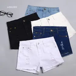 2017 корейский нерегулярные белый студенток модные летние стиль хлопок джинсовые леди Шорты Белый кисточкой отверстие женские джинсовые