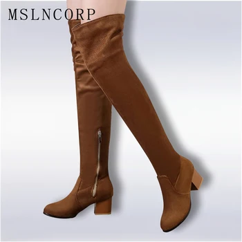 

Plus Size 34-45 Ladies Autumn Spring Shoes Square High Heel Women Over The Knee Boots Scrub Woman Zip comfort Motorcycle Boots