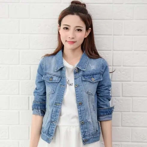 2018 Fashion Jeans Jacket Women Spring 2XL XL Autumn Hand Brush Long Sleeve Stretch Short Denim Jacket White Pink Coats