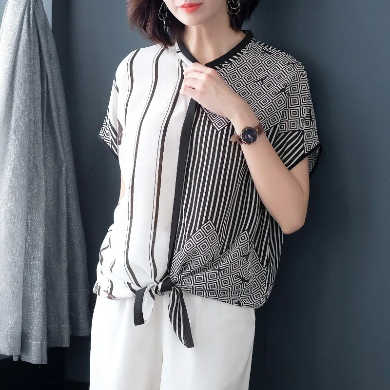 

T Shirt Summer Woman 2019 100% Silk Printed Small Round Neck Raglan Sleeve Loose Casual Boutique Women Top