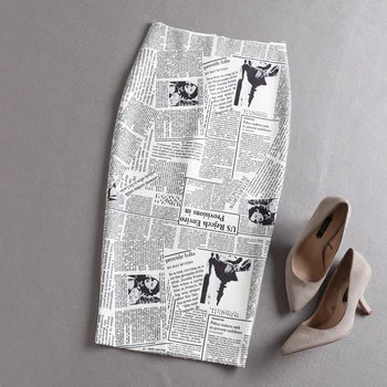 

black white newspaper print pleated high waist sexy ladies pencil skirts