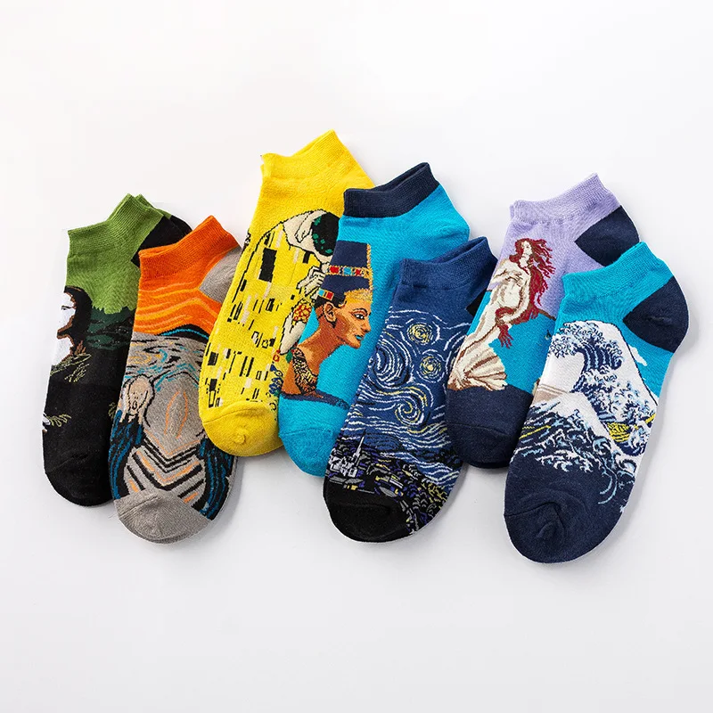 

Funny Starry Night Mona Lisa Van Gogh Art Oil Paint invisible Socks Summer Short no show non-slip Slipper Women Men Happy Socks