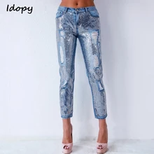 Idopy/рваные джинсы с блестками для женщин; брюки; большие размеры; джинсовые женские облегающие джинсы на молнии; уличная одежда; женские синие джинсы