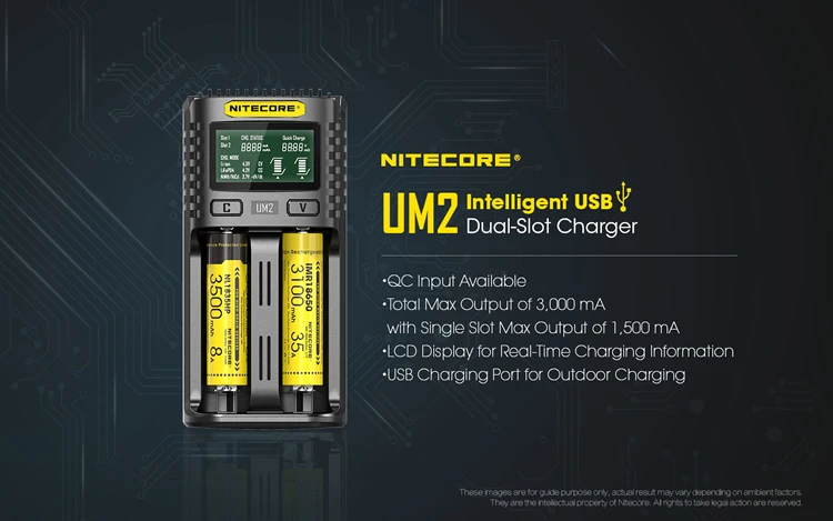 NITECORE UM2 автоматическое универсальное 3а быстрое зарядное устройство интеллектуальное USB Двухслотовое зарядное устройство ЖК-дисплей литий-ионный IMR аккумулятор