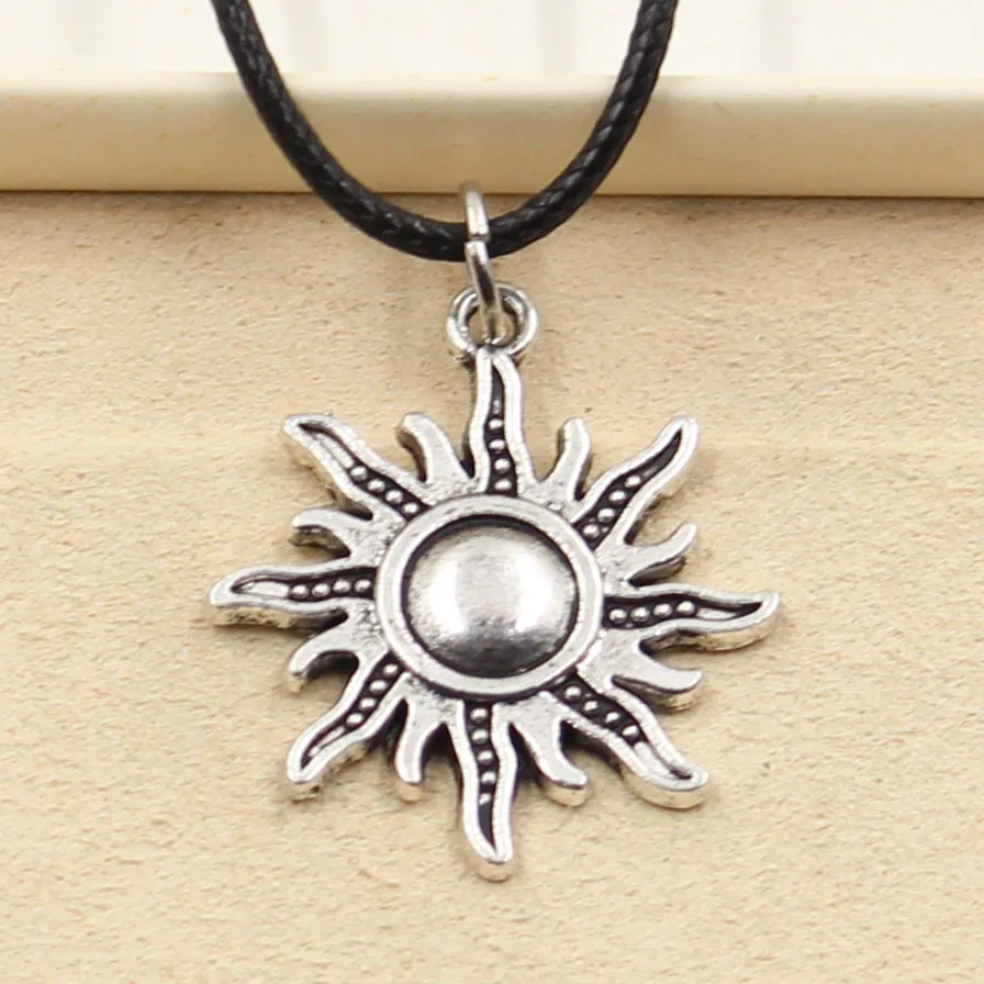 New Fashion Tibetan Silver Color Pendant Sun Necklace Choker Charm Black Leather Cord Factory Price Handmade Jewelry