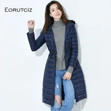 EORUTCIZ зима размера плюс 4XL длинный пуховик женский ультра светильник куртка с капюшоном тонкий теплый винтажный черный осенний пуховик LM185